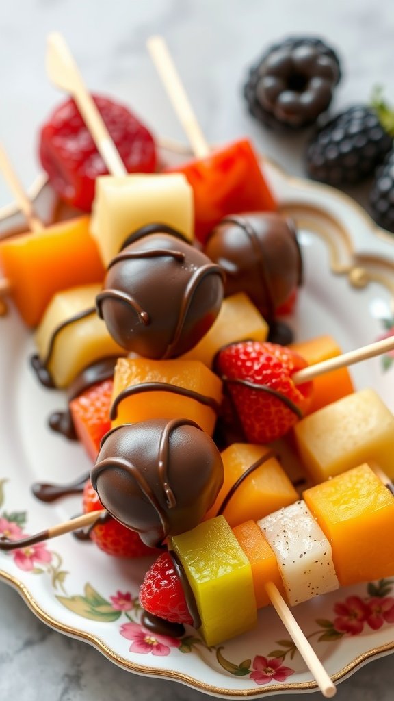 Colorful fruit skewers dipped in chocolate