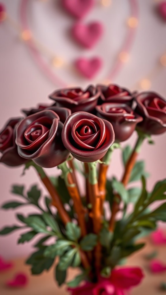 A bouquet of chocolate dipped pretzel roses, showcasing a creative and romantic dessert idea.