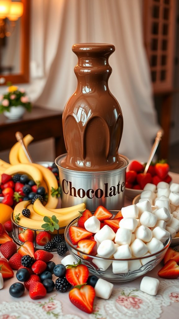 A chocolate fondue fountain surrounded by fresh fruits and marshmallows