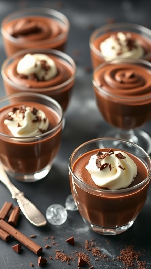 Chocolate mousse cups topped with whipped cream and chocolate shavings