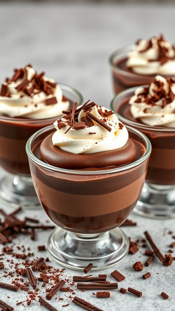Delicious chocolate mousse cups topped with whipped cream and chocolate shavings.