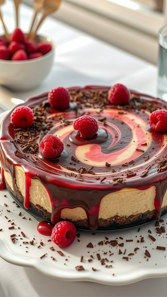 Chocolate Raspberry Swirl Cheesecake with raspberries and chocolate shavings