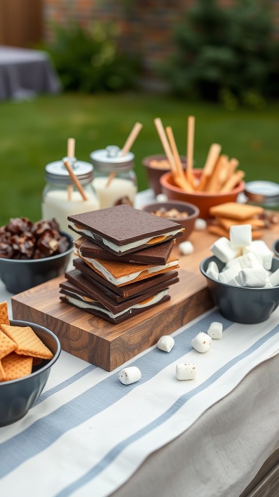A beautifully arranged chocolate s'mores bar featuring stacked chocolate, graham crackers, marshmallows, and various toppings in bowls.
