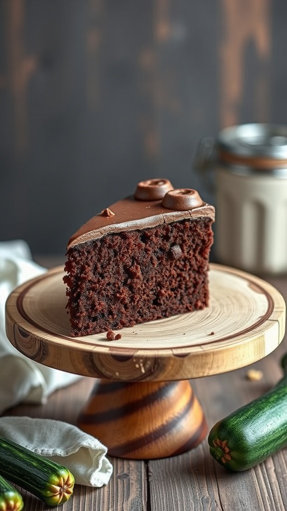 A slice of moist chocolate zucchini cake on a wooden cake stand, surrounded by fresh zucchinis.