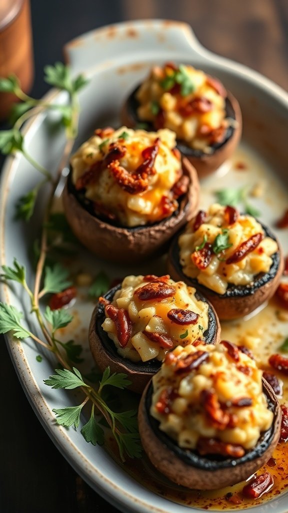 Delicious chorizo and cheese stuffed mushrooms on a serving platter, garnished with parsley.