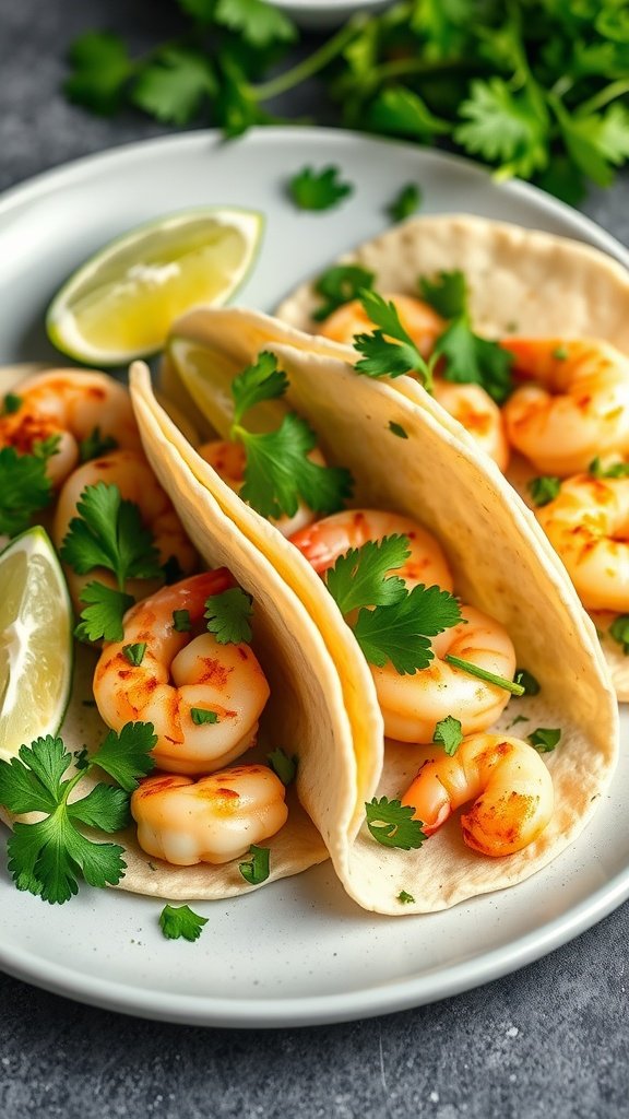 Cilantro Lime Shrimp Tacos served on a plate with lime wedges and fresh cilantro.