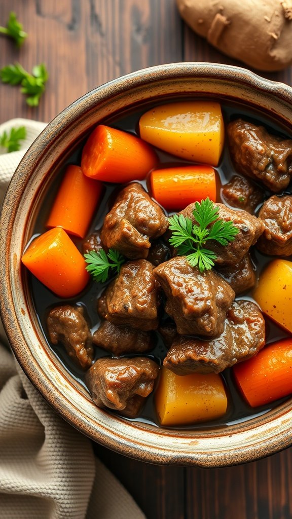 A bowl of rich beef bourguignon with chunks of beef, carrots, and potatoes in a savory sauce, garnished with fresh parsley.