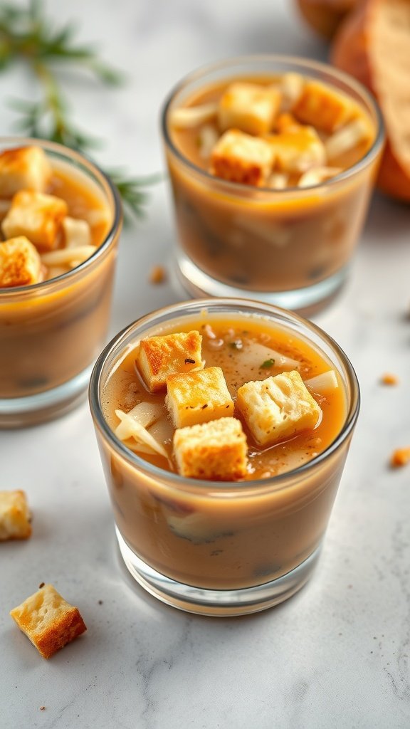 Classic French Onion Soup Shooters served in small glasses with croutons on top.