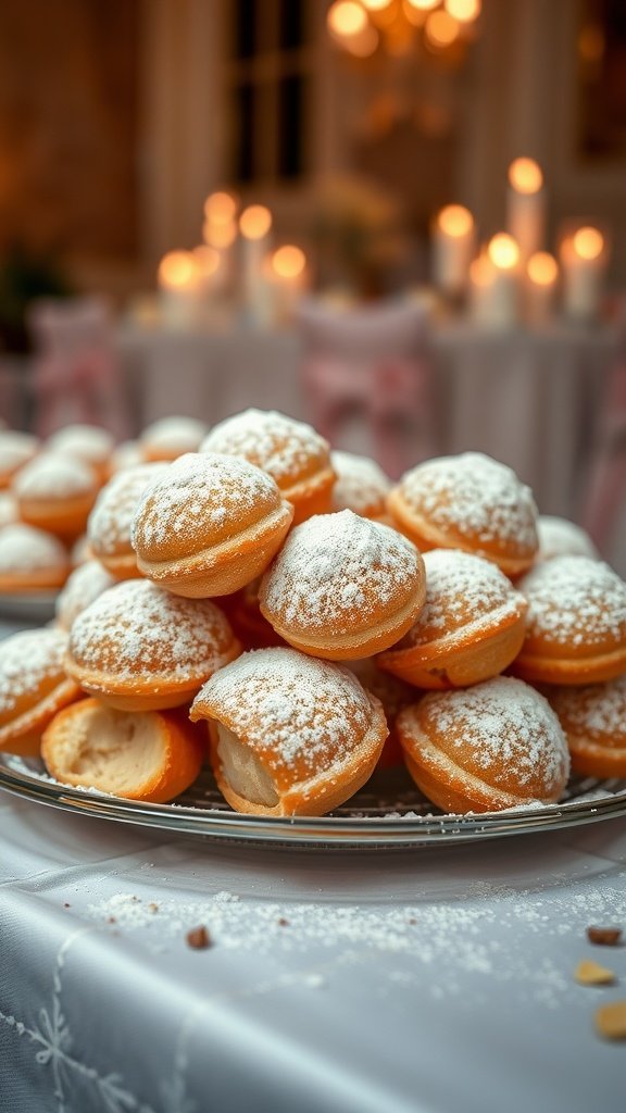 A plate of Classic Italian Zeppole dusted with powdered sugar, showcasing their golden, fluffy texture.