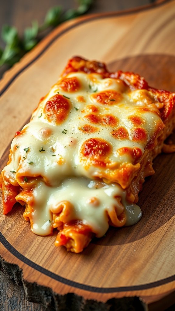 A slice of cheesy lasagna on a wooden board.