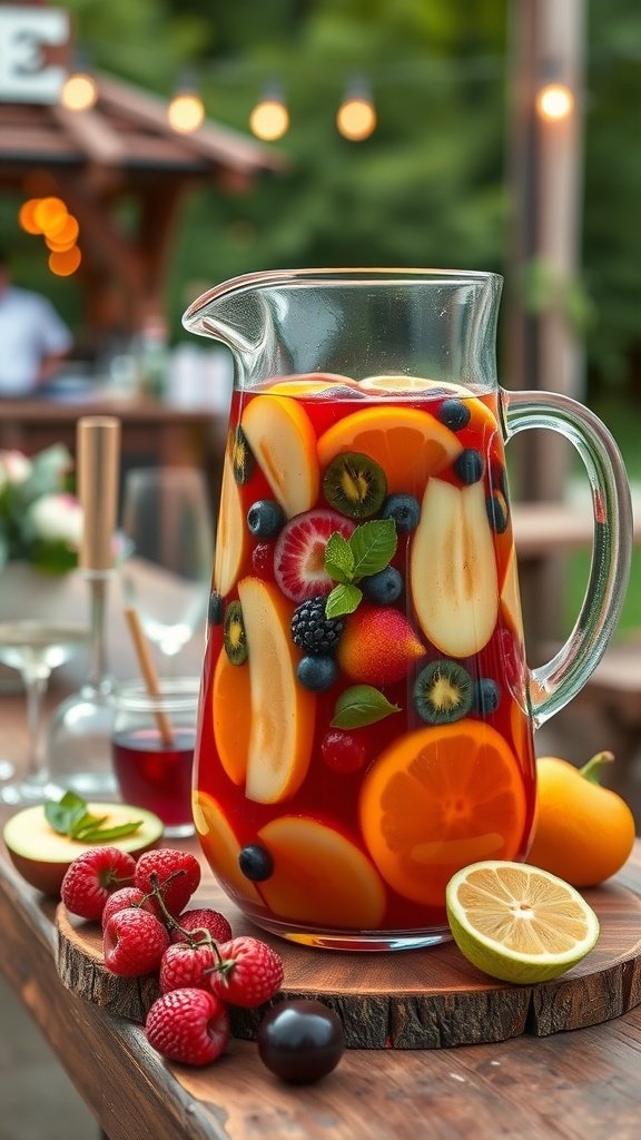 A refreshing pitcher of classic sangria filled with seasonal fruits and garnished with mint.