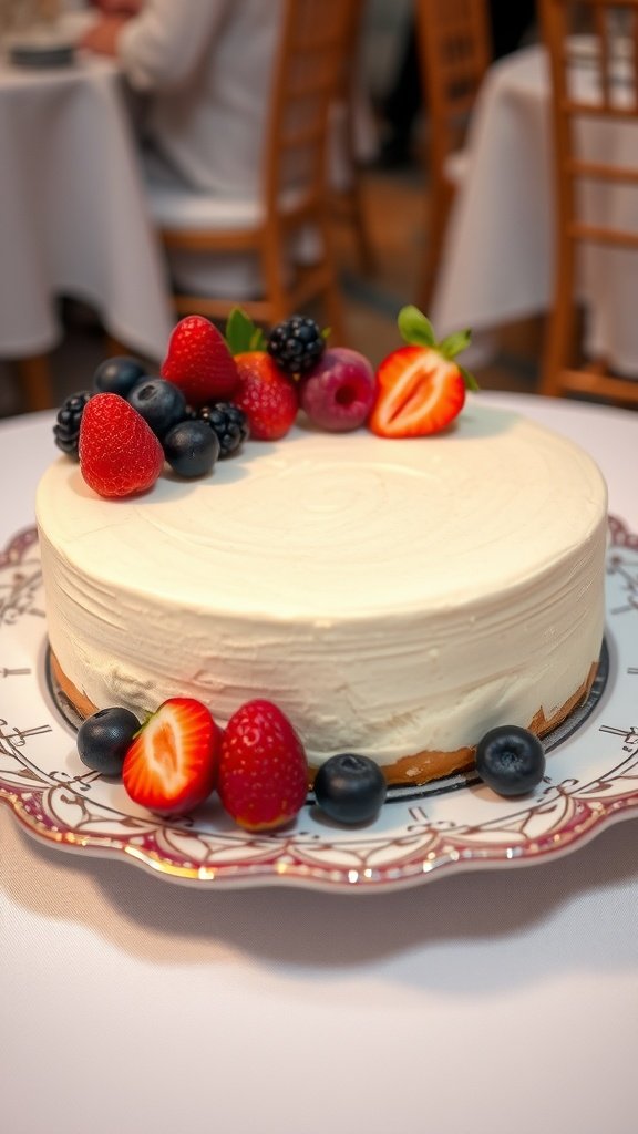 Classic Vanilla Bean Cheesecake topped with fresh berries