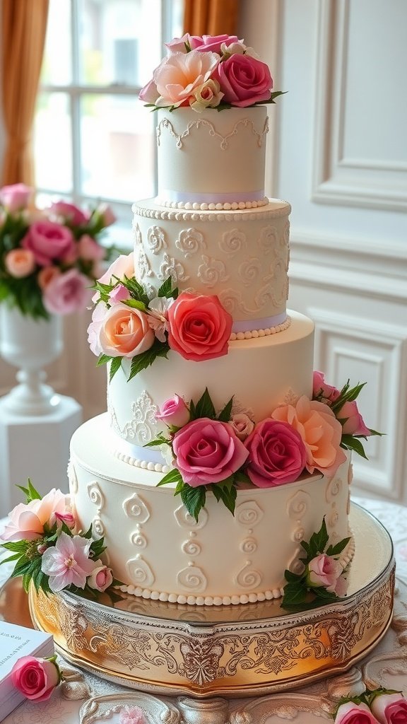 A beautifully decorated classic wedding cake with floral accents.