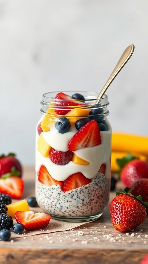 Coconut chia seed pudding layered with fresh fruits