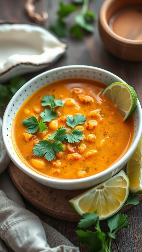 A bowl of Coconut Curry Lentil Soup garnished with cilantro and lime slices.