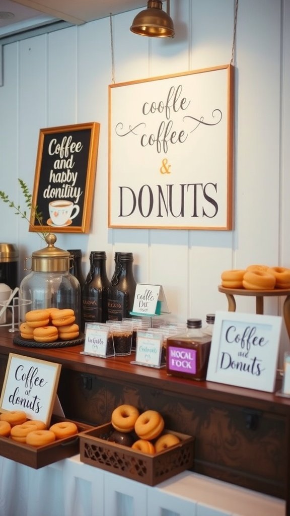 A cozy coffee and donut station with various donuts and coffee options for a wedding reception.