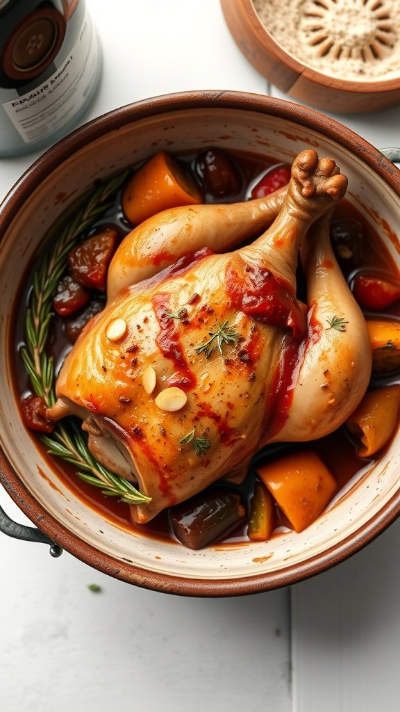Coq au Vin, a classic French chicken dish, prepared with red wine, vegetables, and aromatic herbs.