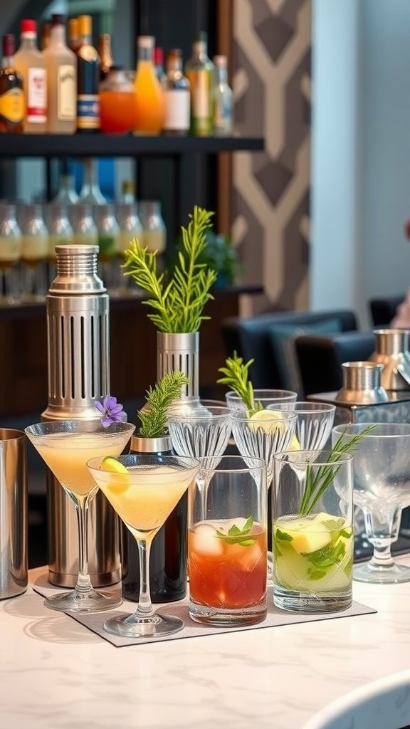 A cocktail station featuring various spirits, mixers, and garnishes ready for guests to craft their own cocktails.