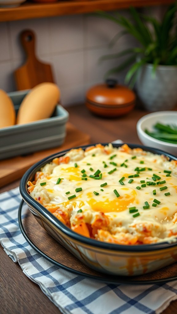A creamy potato and cheese bake topped with fresh chives