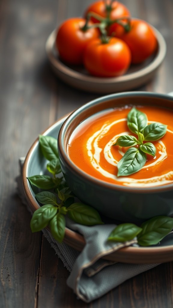 Creamy tomato basil soup served in a bowl with fresh basil
