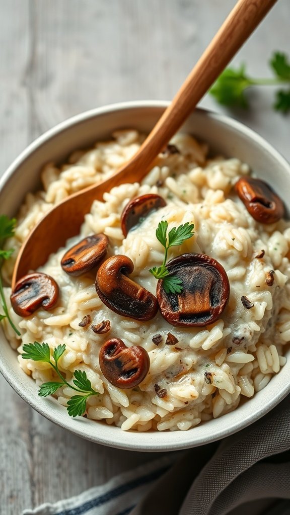 Creamy Vegan Mushroom Risotto with mushrooms and herbs