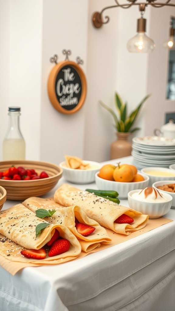 A beautifully arranged crepe station with fresh ingredients and a sign labeled 'The Crepe Station'.