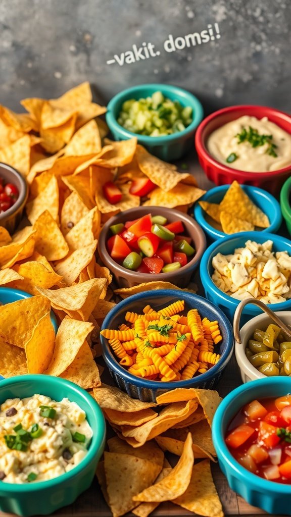 A colorful nacho bar with tortilla chips and various toppings in bowls.