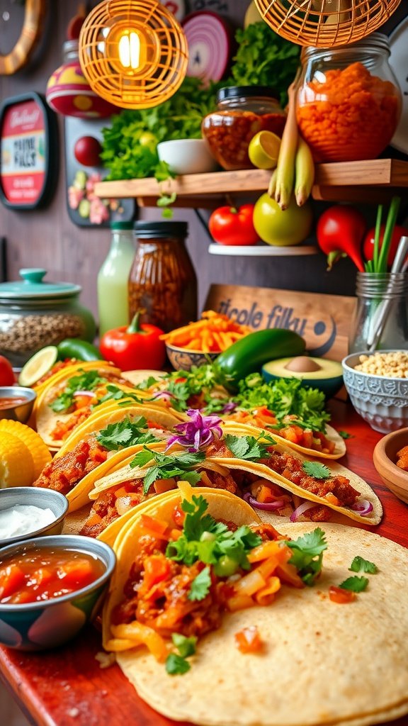 A colorful taco bar with various ingredients like tortillas, meats, and toppings for a create-your-own taco experience.