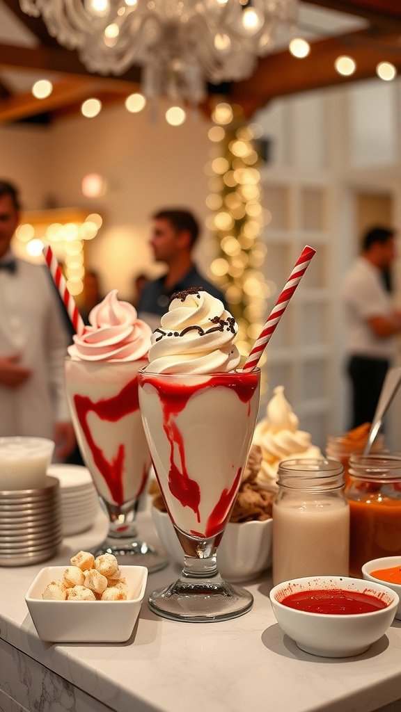A vibrant ice cream sundae bar with glasses of ice cream, whipped cream, sauces, and toppings.