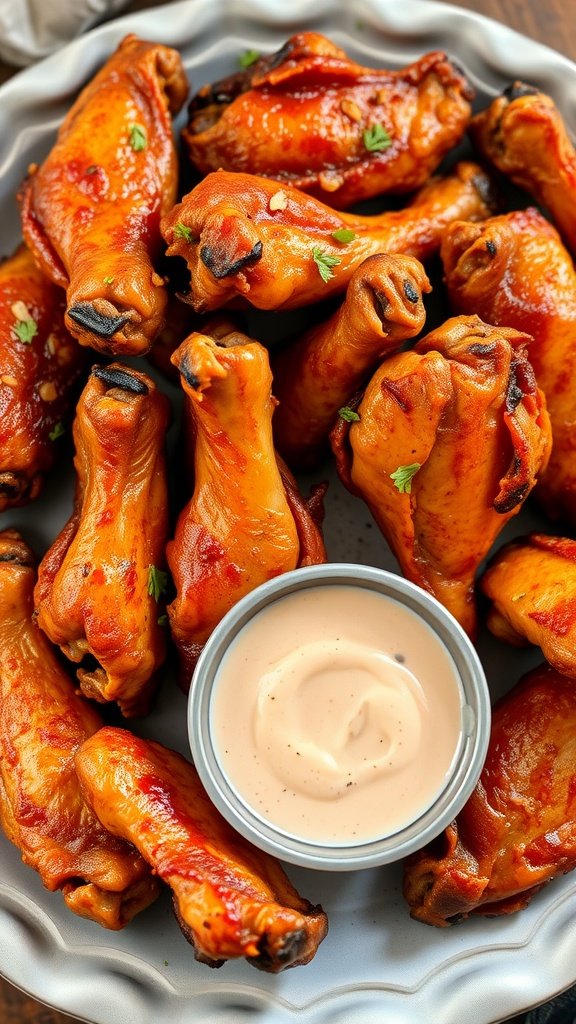 Crispy baked chicken wings served with a creamy dipping sauce