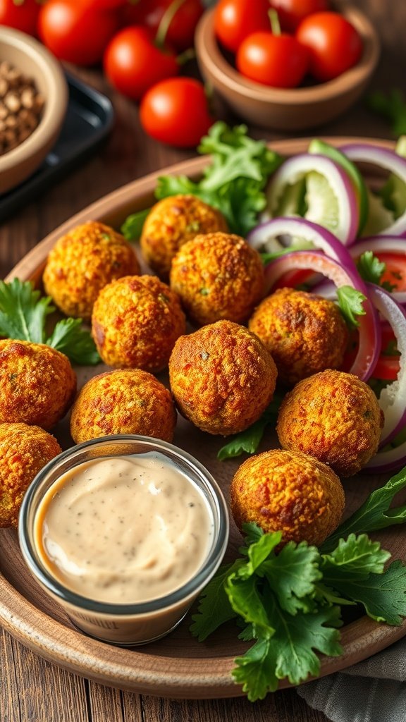 A platter of crispy baked falafel served with fresh veggies and sauce.