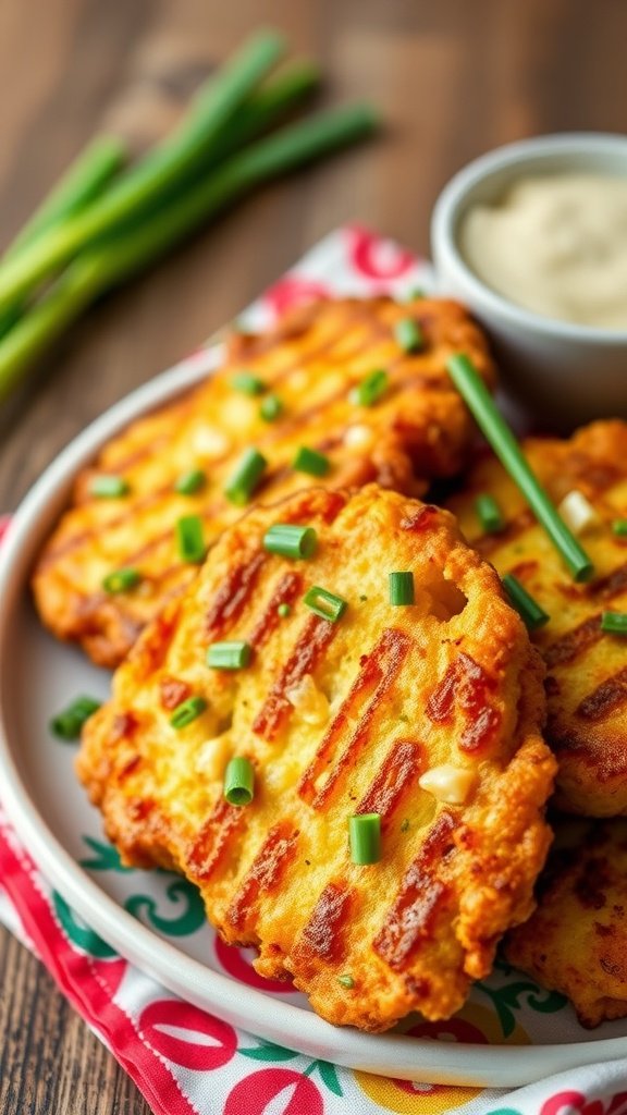 Crispy cheese and chive fritters on a plate with chives and a dip