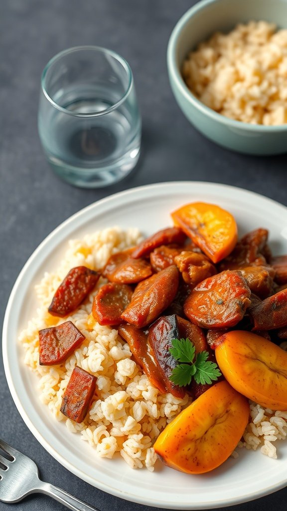 A plate of Cuban Ropa Vieja served with rice and plantains, showcasing a colorful and flavorful dish.