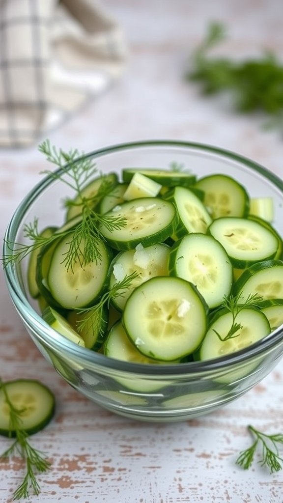 A bowl of cucumber and dill salad with fresh dill sprigs on top.