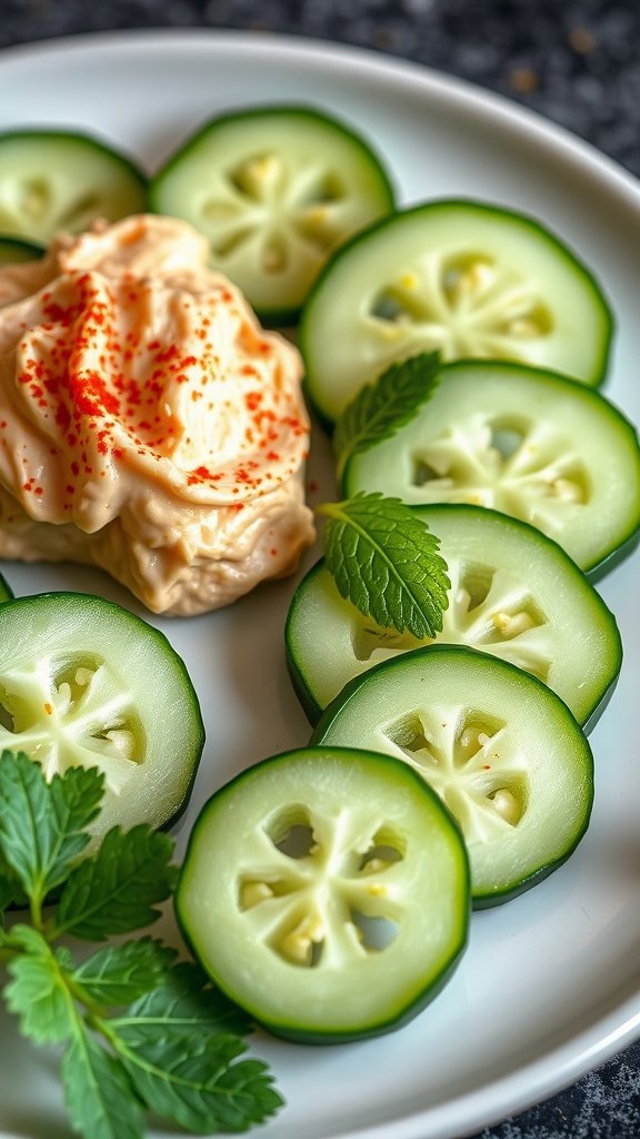 Cucumber slices topped with hummus and garnished with paprika and mint leaves.