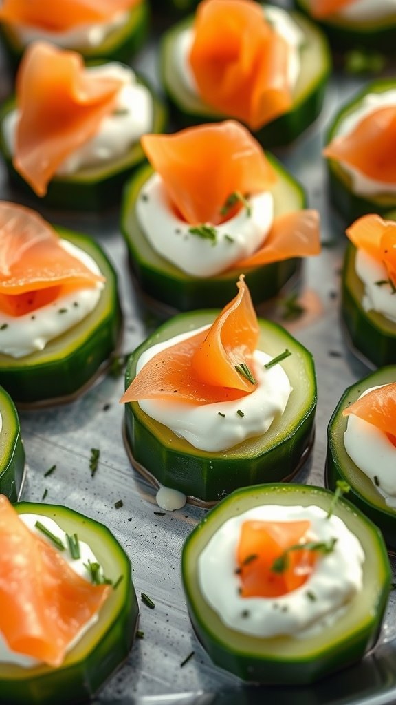Cucumber canapés topped with cream cheese and smoked salmon