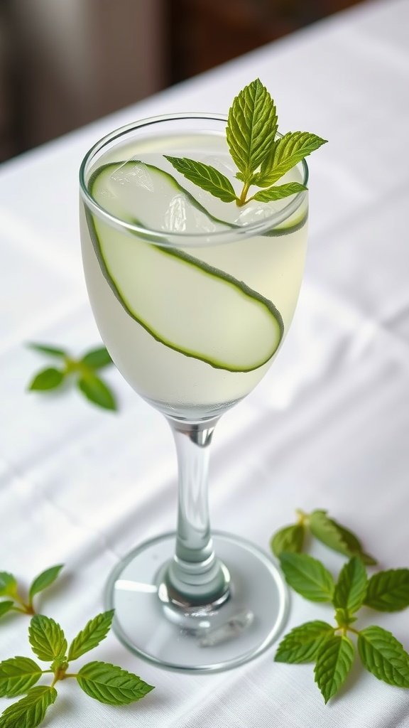 A refreshing Cucumber Mint Gimlet cocktail served in a glass with cucumber slices and mint leaves.