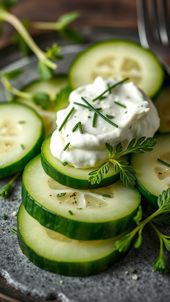 Cucumber rounds topped with herbed cream cheese on a plate.