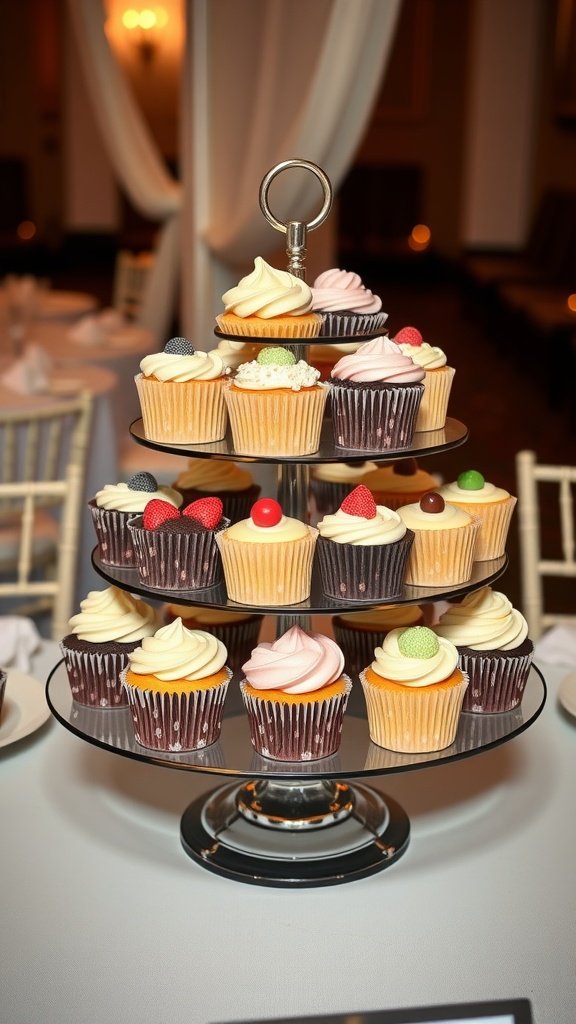 A tiered cupcake stand filled with colorful cupcakes, featuring various flavors and decorative toppings.
