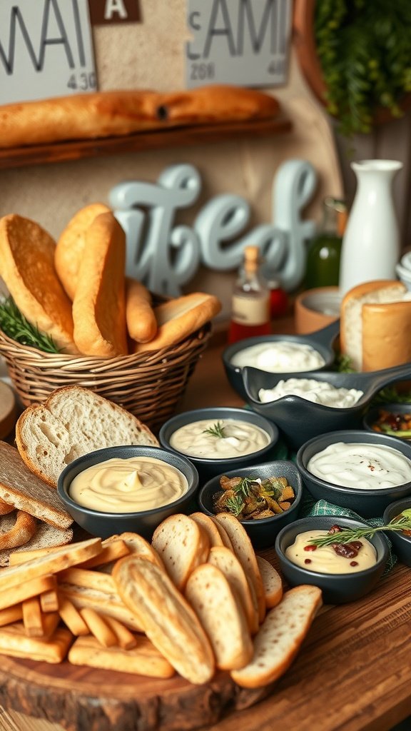 A beautifully arranged bread and dip station featuring various types of bread and a selection of dips.