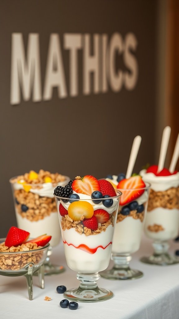 A selection of colorful fruit and yogurt parfaits in glasses, showcasing layers of yogurt, fruits, and granola.