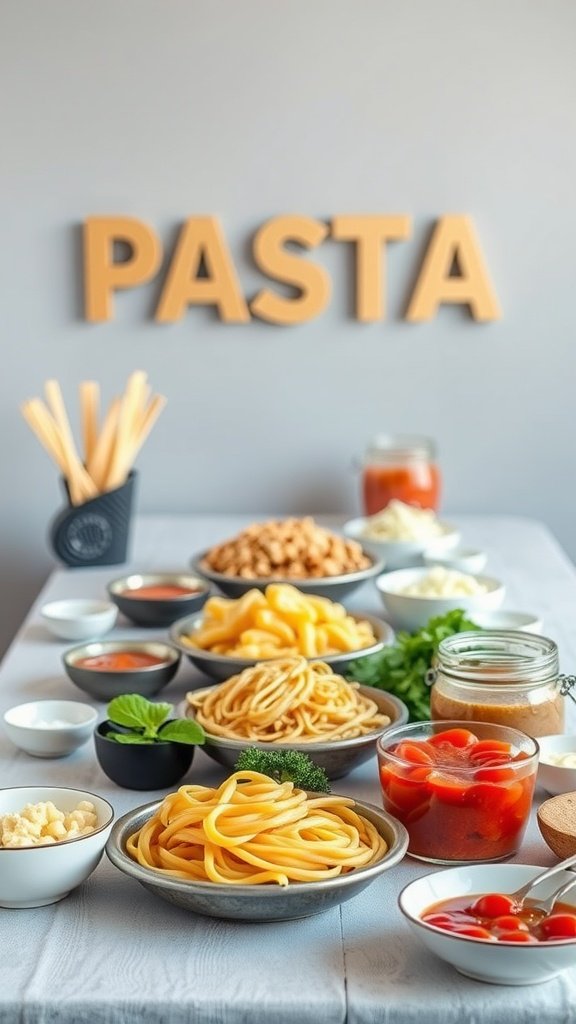 A custom pasta station featuring various types of pasta, sauces, and toppings for guests to personalize their meals.