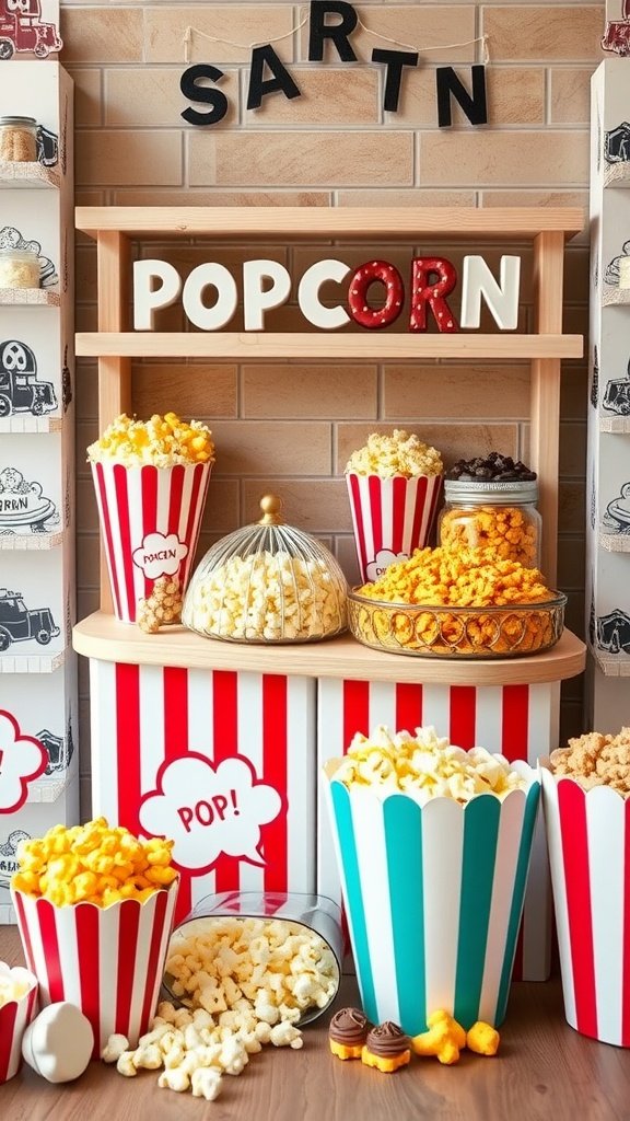 Custom popcorn bar with various flavored popcorn in striped containers and toppings