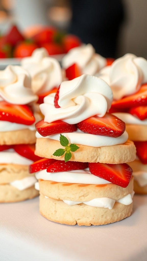 Dainty shortcake biscuits layered with strawberries and whipped cream, garnished with mint.