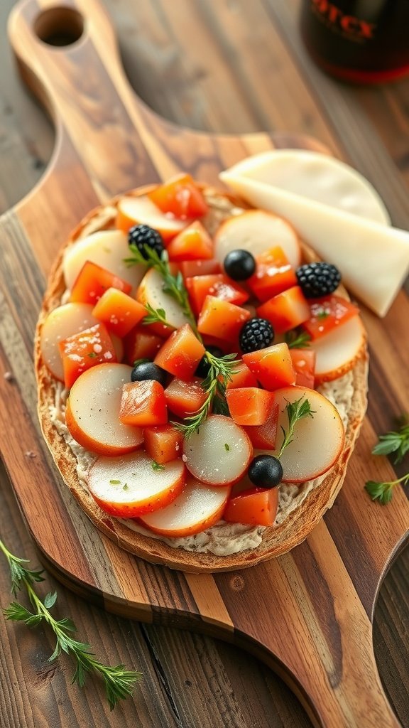 A Danish smørrebrød topped with diced tomatoes, radish slices, and herbs on a wooden cutting board.