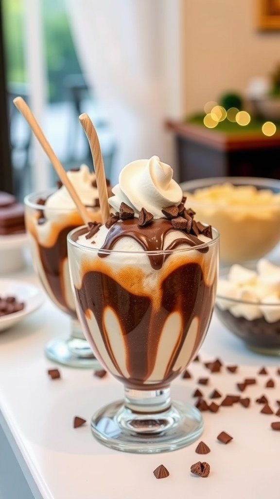 Delicious brownie sundae with chocolate sauce and whipped cream