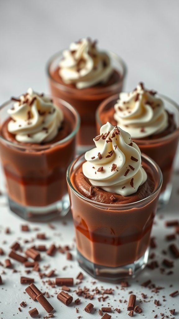 Decadent chocolate mousse cups topped with whipped cream and chocolate shavings