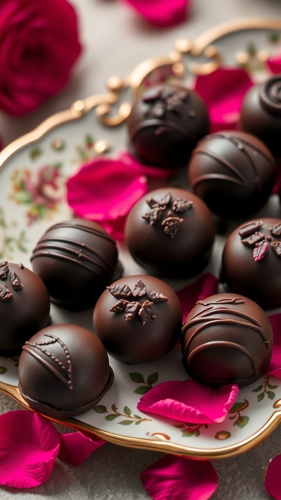 A decorative plate filled with dark chocolate truffles, surrounded by rose petals.
