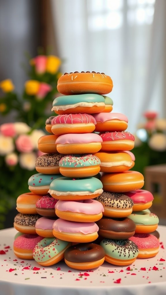 A colorful tower of assorted doughnuts stacked elegantly on a table with flowers in the background.