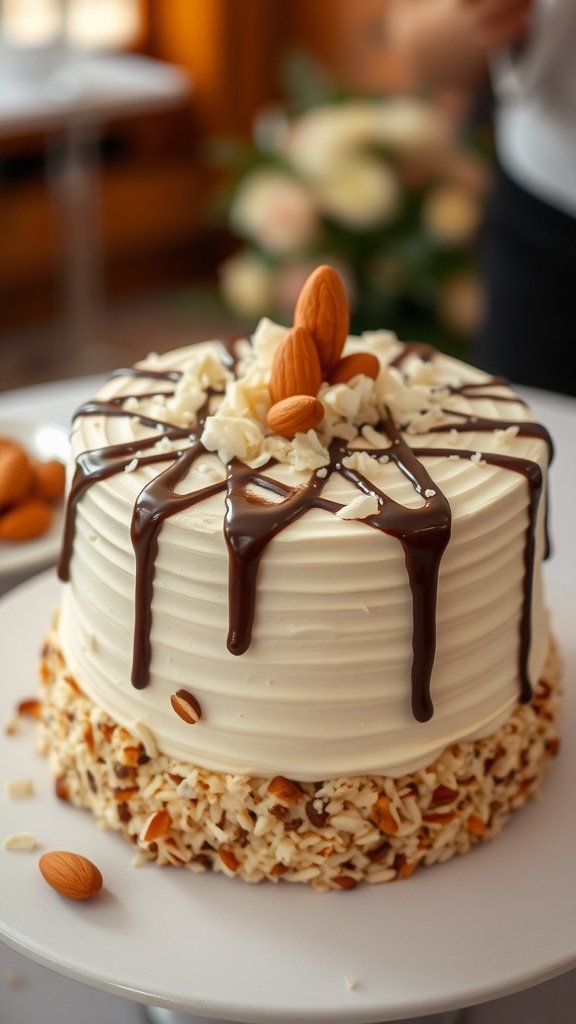 A beautifully decorated almond cake topped with chocolate ganache and almonds.